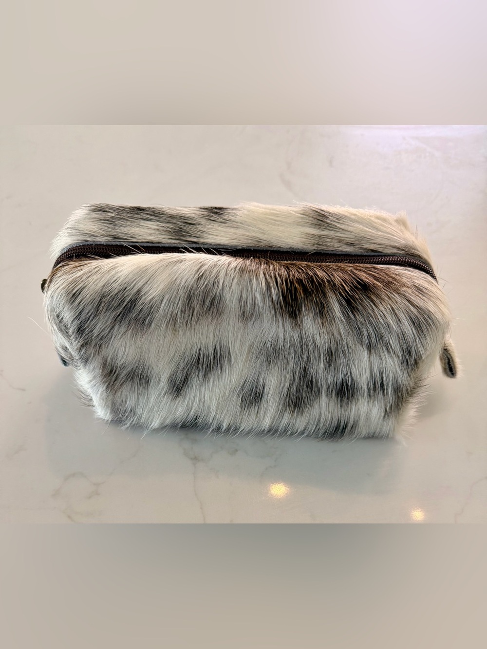 Flavia Maria Brand New Fur Zip Pouch in White and Black Speckle